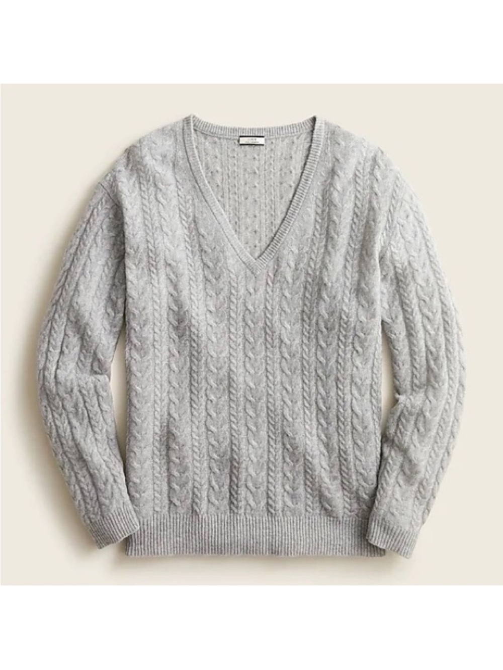 J. Crew 100% Cashmere Cable Knit V Neck Sweater Light Grey Small